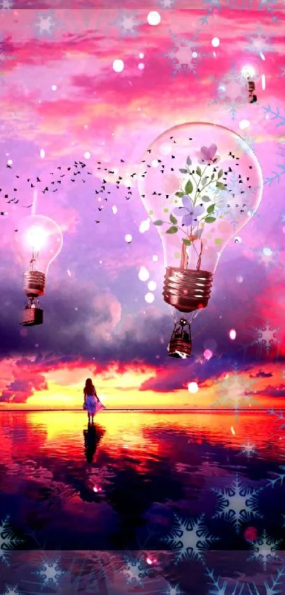 Surreal dreamscape with floating bulbs and colorful sunset.