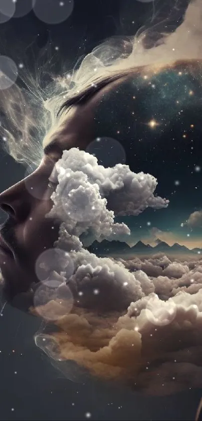 Surreal dreamscape with clouds and cosmic elements.