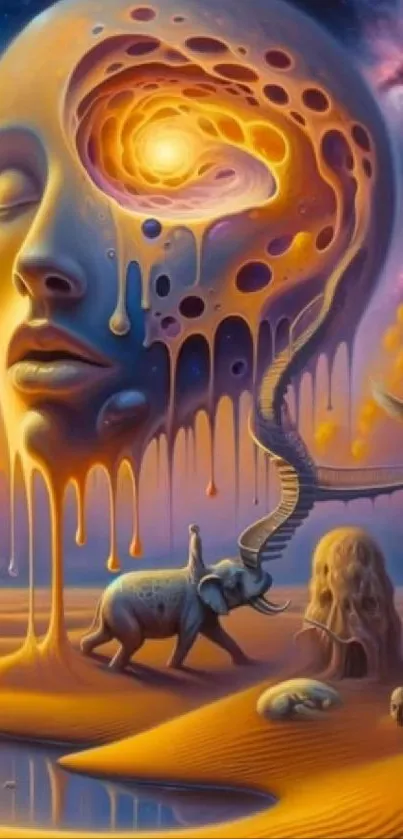 Surreal melting face with bright colors in a dreamscape setting.