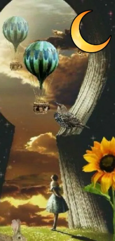 Surreal scene with hot air balloons, crescent moon, and sunflower.