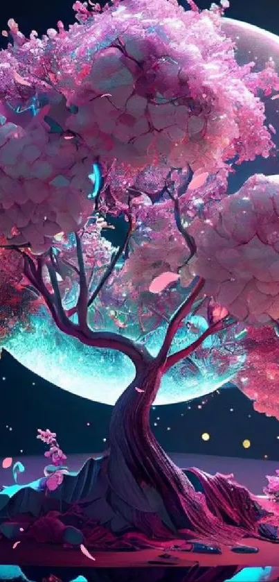 Surreal pink tree with moonlit sky wallpaper.