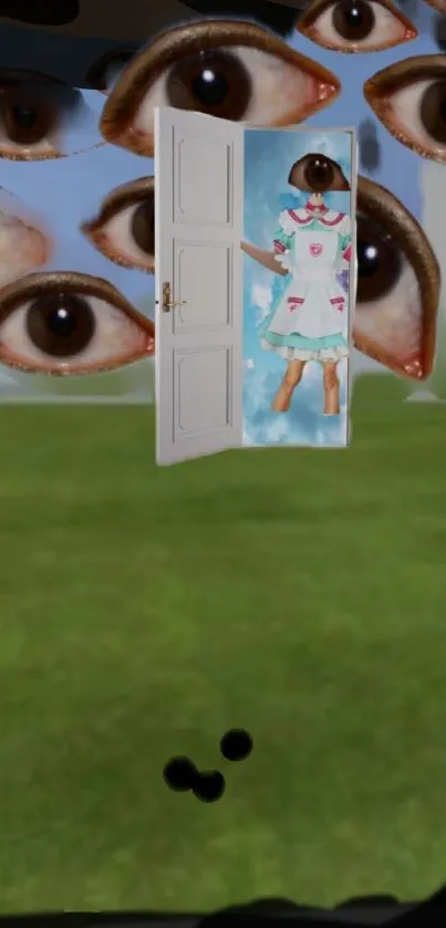 Surreal wallpaper with door, girl, and eyes.