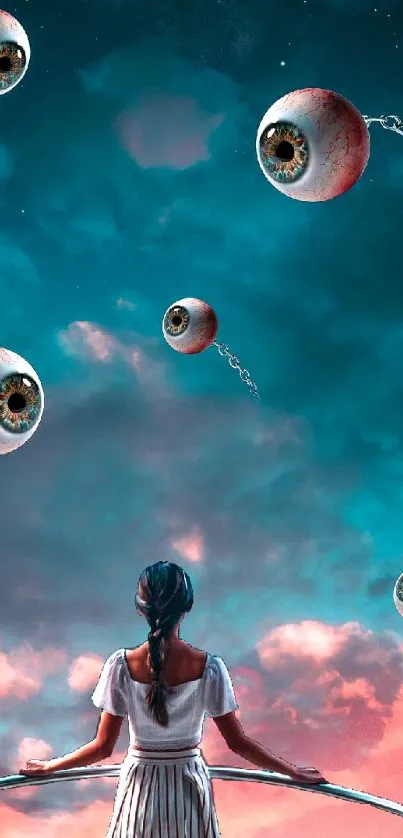 Surreal wallpaper with floating eyeballs and a figure gazing at a fantasy sky.