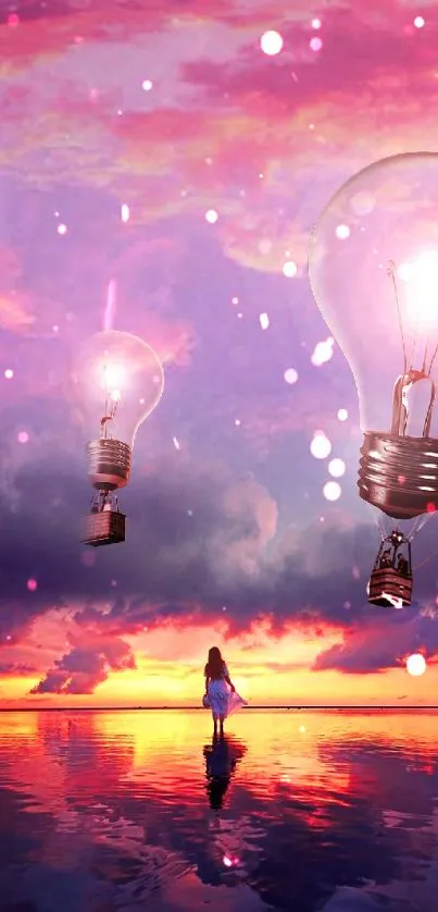 Surreal dreamscape with floating lightbulbs and vibrant sky.