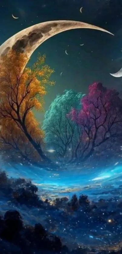 Surreal moonlit landscape with colorful trees and night sky.