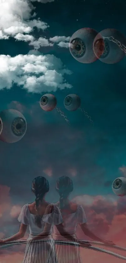 Surrealistic wallpaper with clouds and floating eyes.