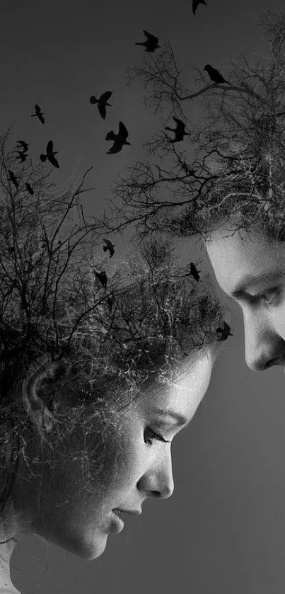 Surreal dual exposure art featuring entwined faces and nature in grayscale.