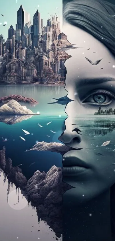 Surreal dual reality wallpaper combining urban and natural elements in artistic design.