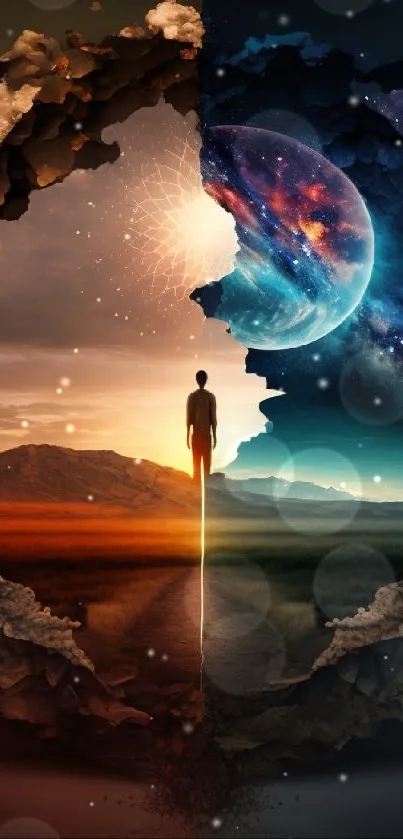 Surreal dual world mobile wallpaper with cosmic and earthy elements in vibrant colors.