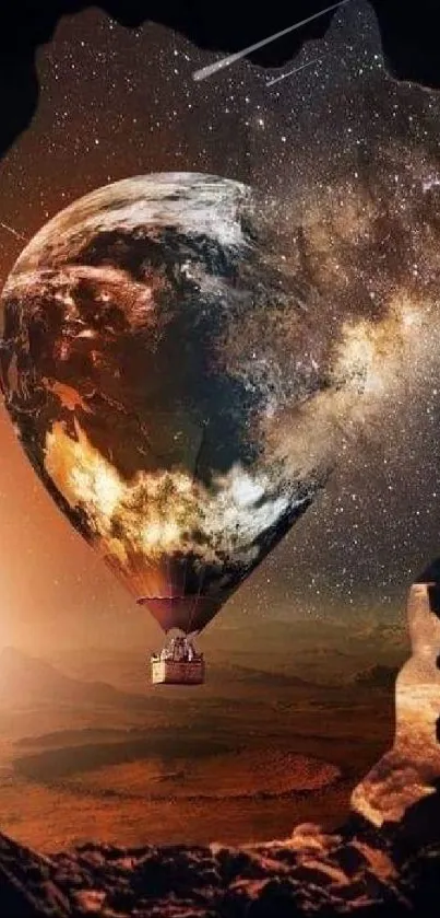 Earth-shaped hot air balloon in a cosmic landscape.