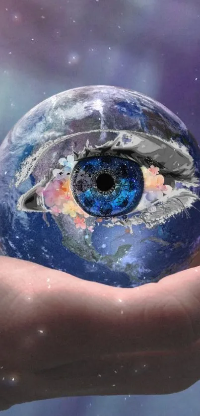 Surreal artwork of Earth with an eye in a hand, dark blue tones.