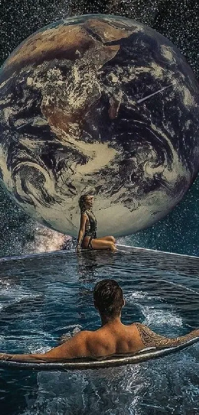 Surreal scene of a swimming pool against Earth and space backdrop.