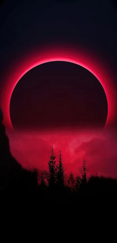 Surreal eclipse wallpaper with neon pink glow and dark silhouette trees.