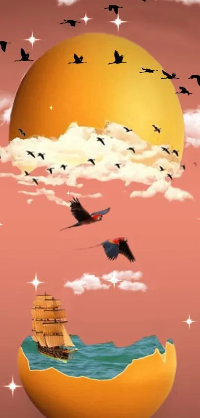 Surreal art with egg, birds, and ship in a sky-inspired scene.