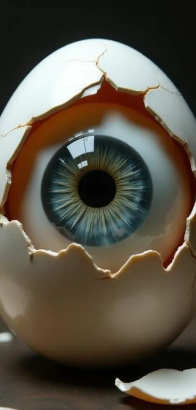 Surreal egg with an eye breaking through cracks, artistic design.