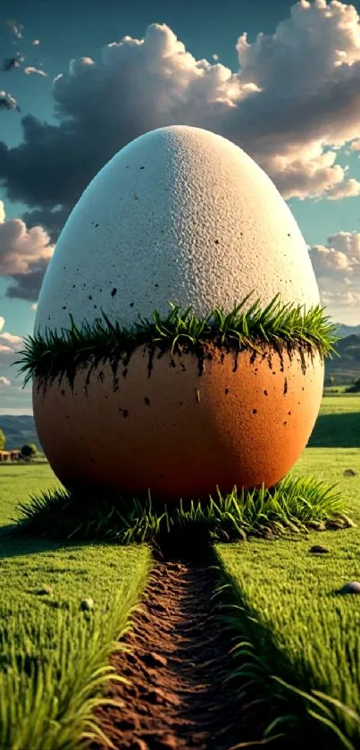 Surreal landscape with giant egg and lush green fields beneath clouds.