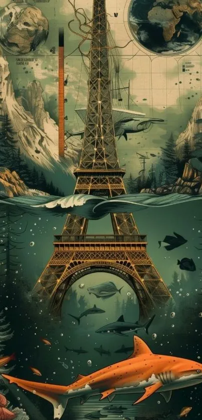 Surreal Eiffel Tower underwater with marine life and mountains.