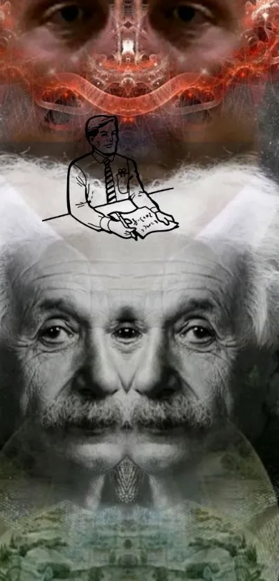 Surreal Einstein art wallpaper with abstract elements.