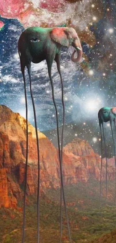 Surreal elephants wander in a cosmic landscape with mountains and stars.