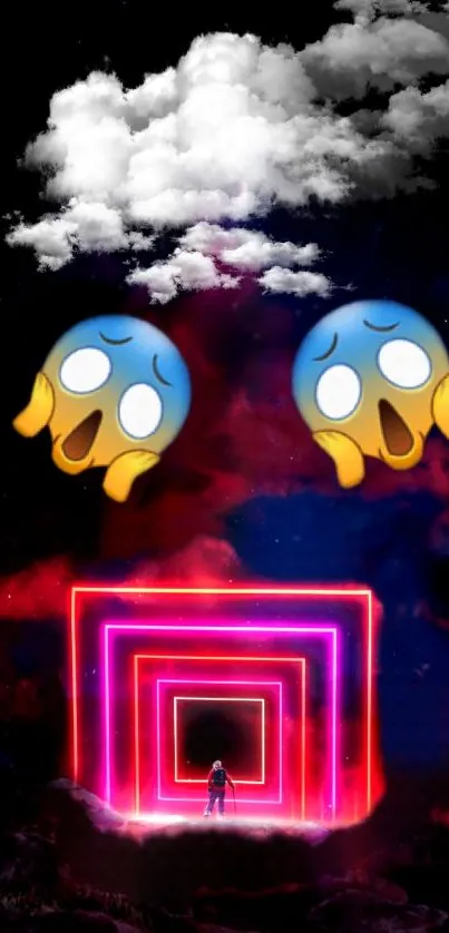 Surreal wallpaper with neon portal, clouds, and expressive emojis on a dark background.