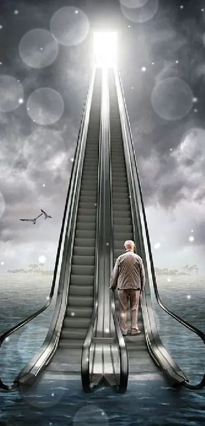 Surreal escalator ascending through water to cloudy skies.