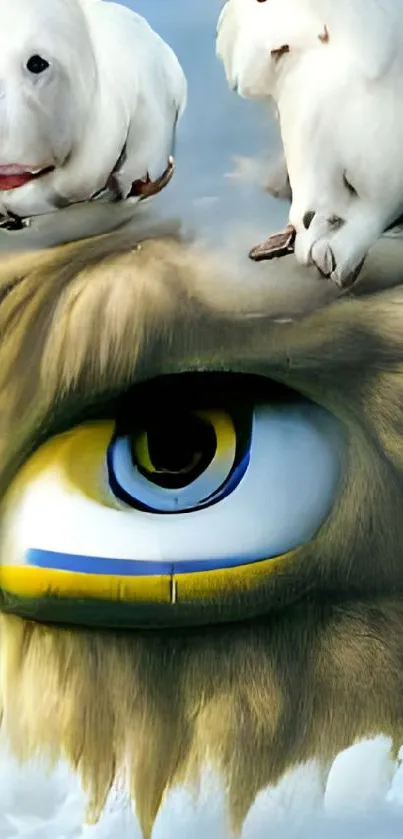 Surreal artwork of a mystical eye with fluffy creatures.