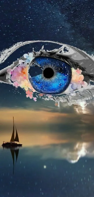 Surreal artwork of a blue eye over a serene water scene with a sailing boat.