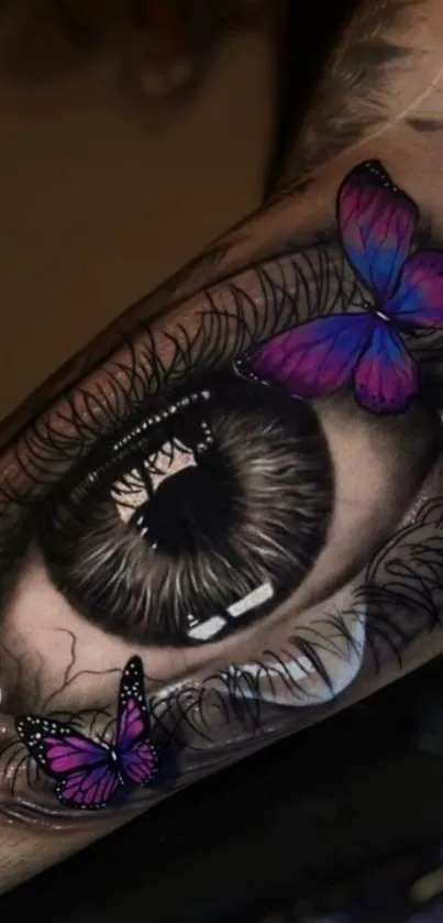 Surreal tattoo of an eye with butterflies in vivid colors.