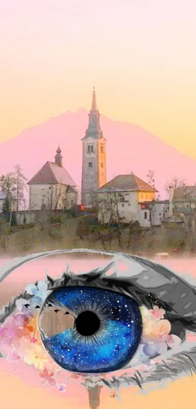 Surreal eye with cosmic design and castle backdrop in pastel tones.