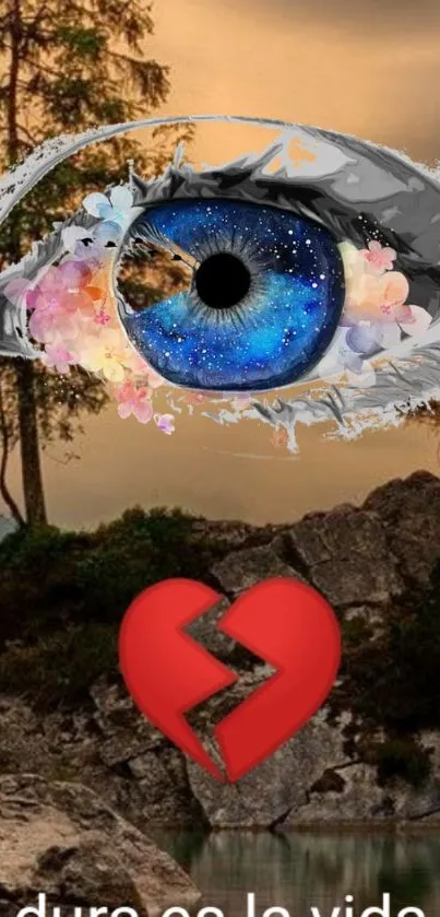 Surreal wallpaper with cosmic eye and broken heart design.