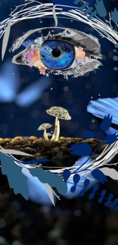 Surreal wallpaper with eye and mushrooms in a blue color theme.