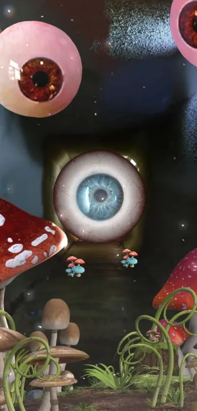 Surreal wallpaper with eyes and mushrooms in a dark, cosmic setting.