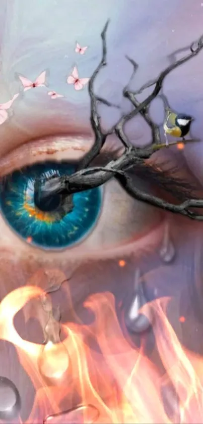 Surreal mobile wallpaper featuring an eye with branches, butterflies, and flames.