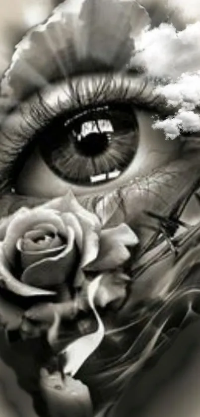 Surreal monochrome eye and rose art wallpaper.