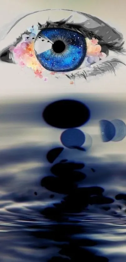 Surreal eye above water with floral accents.