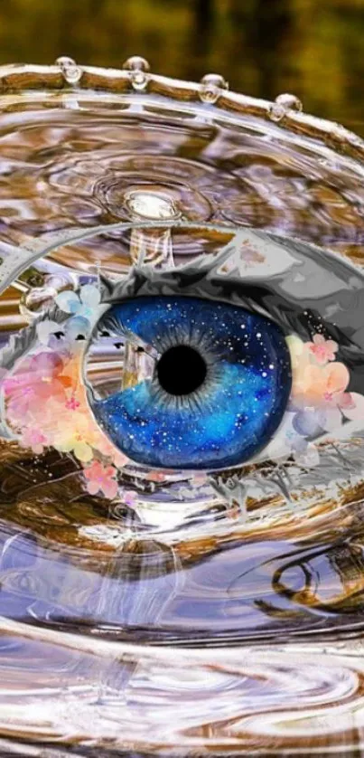 Surreal eye with galaxy theme amid water ripples.