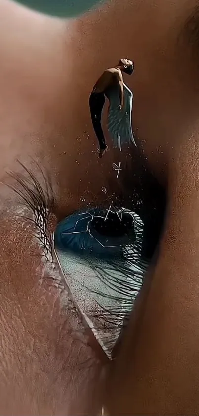 Surreal scene within a human eye showcasing imaginative artistry.