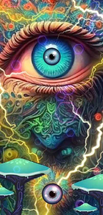 Surreal eye art with vibrant colors and cosmic elements in a digital design.