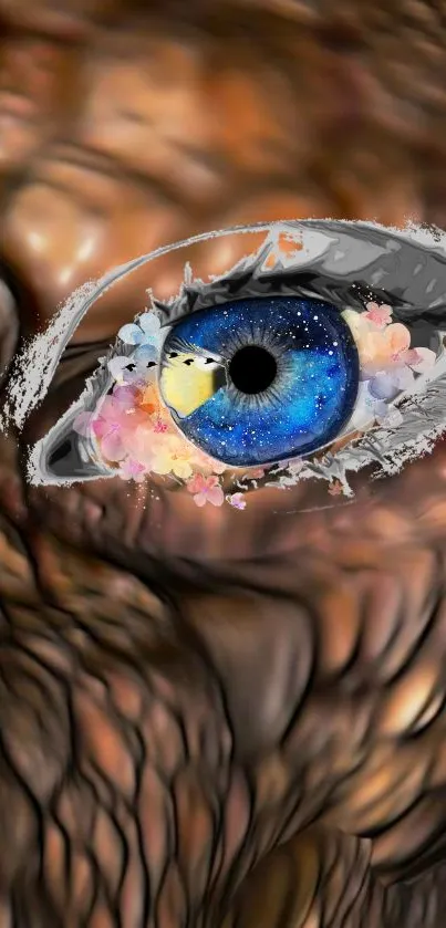 Surreal eye design with blue iris and floral elements on a brown background.