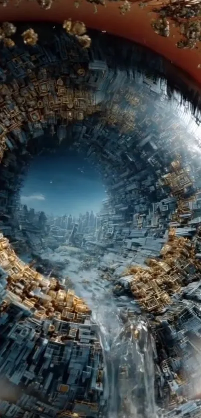 Surreal cityscape within an eye, futuristic art.