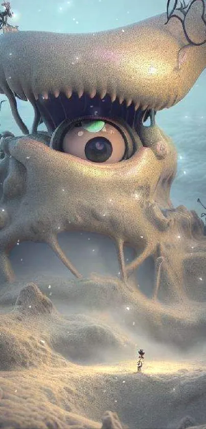 Surreal eye creature in a dreamy, sandy landscape