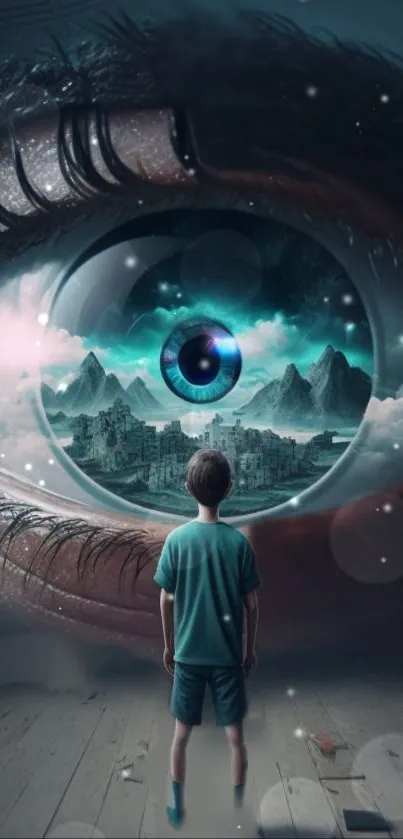 Surreal wallpaper of a giant eye with cityscape.