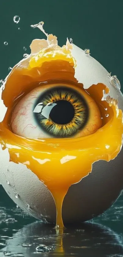 Surreal eye within a cracked egg with yolk dripping.