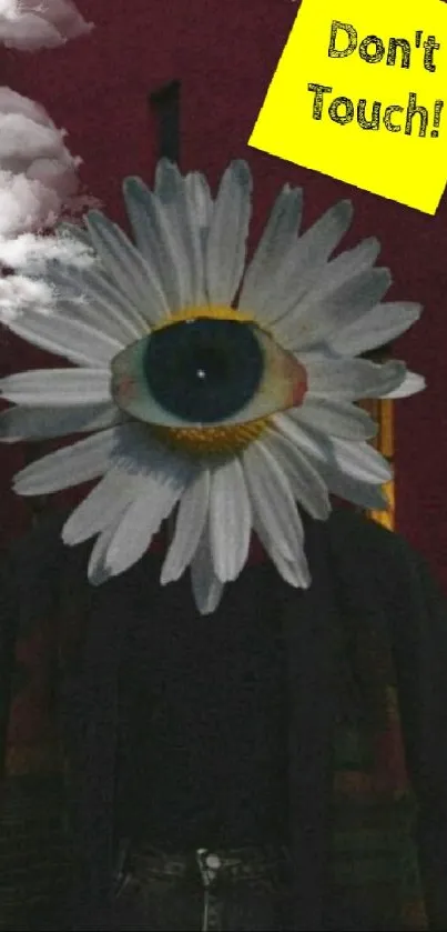 Eye flower with yellow note on surreal wallpaper.