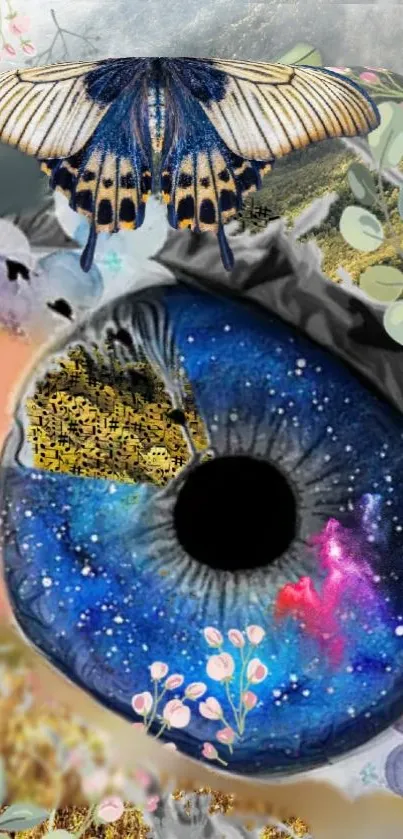 Surreal eye galaxy wallpaper with butterfly.