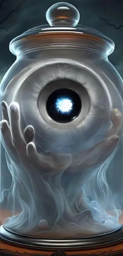 Surreal artwork of an eye in a glass jar with ghostly hands.