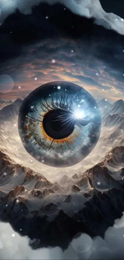 Surreal eye over snow-capped mountains wallpaper.