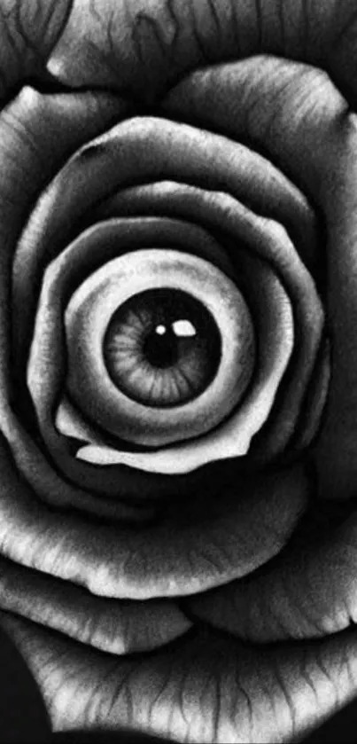 Surreal art of an eye within a monochrome rose.