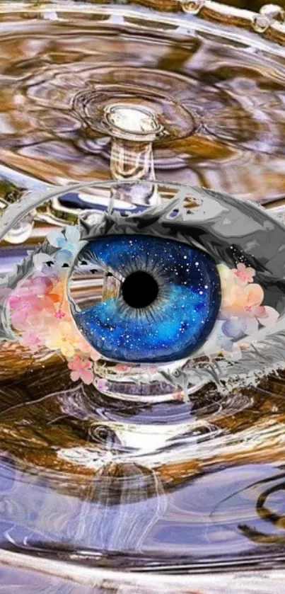 Surreal eye artwork with rippling water and floral accents on a mobile wallpaper.