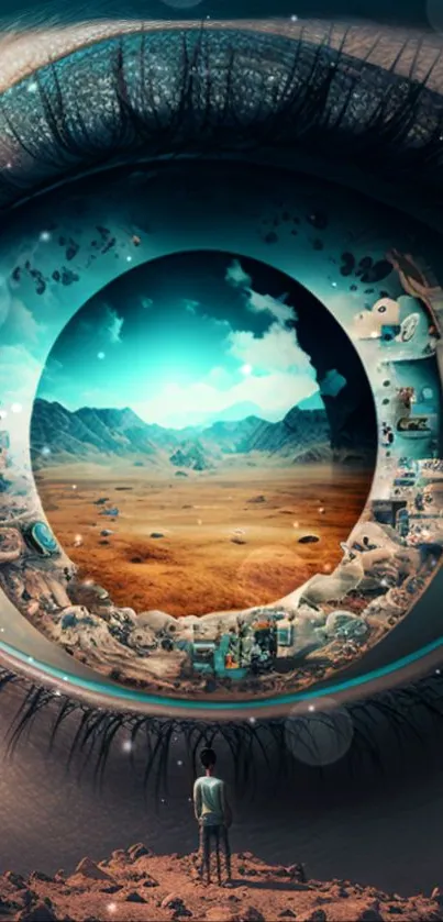 Surreal eye with landscape scenery inside, vibrant digital art.